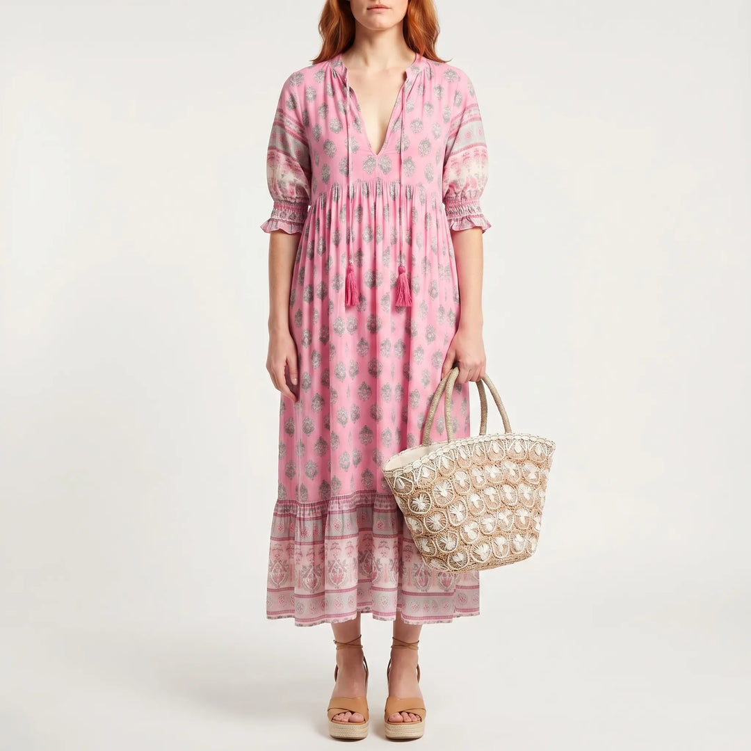 Women's Summer Printed Midi Dress - Boho Casual V Neck Loose Fit