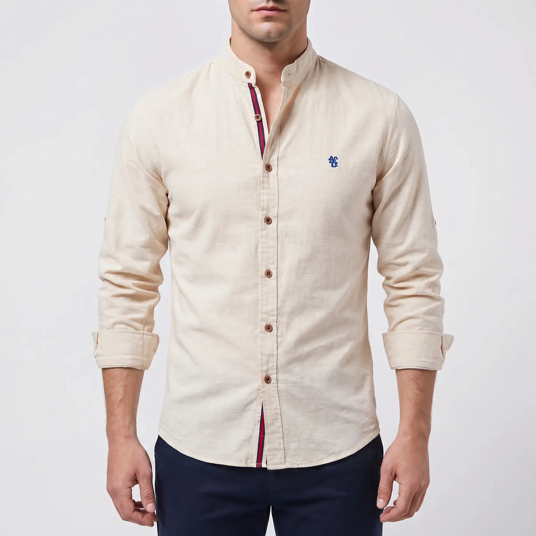 Men's Button Up Shirt - Band Collar with Long Sleeve