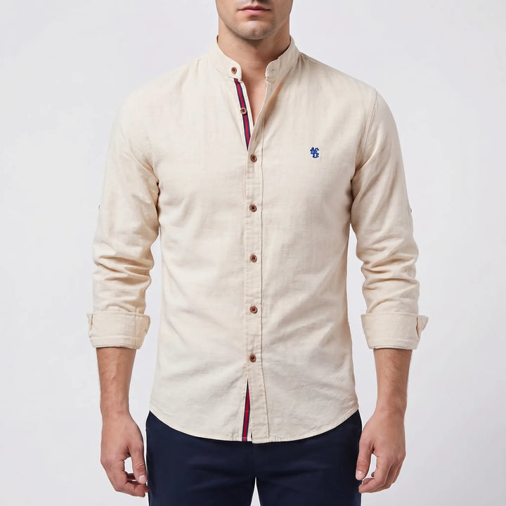 Men's Button Up Shirt - Band Collar with Long Sleeve