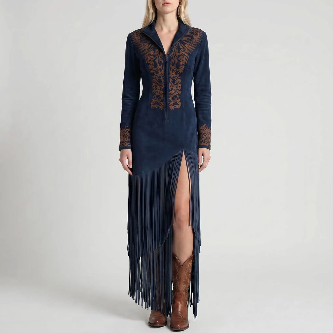 Women's Long Sleeve Maxi Dress - Fringe Hem with Embroidered Detail