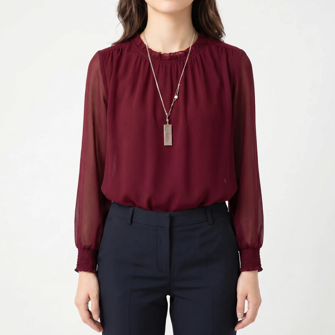 Women's Satin Ruffle Blouse - Elegant Sheer Long Sleeve Work Top