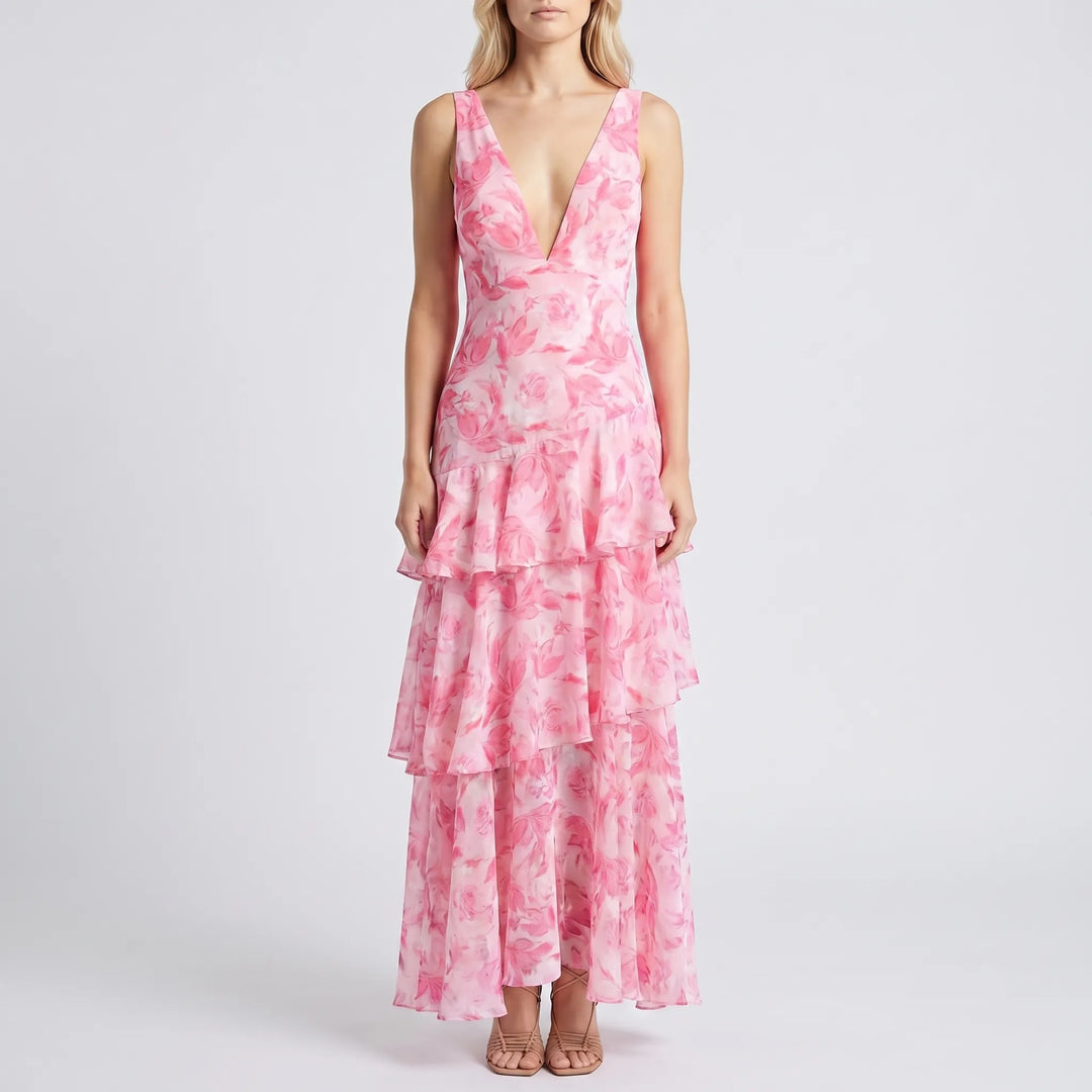 Women's Floral Maxi Dress - Tiered with V Neck for Evening