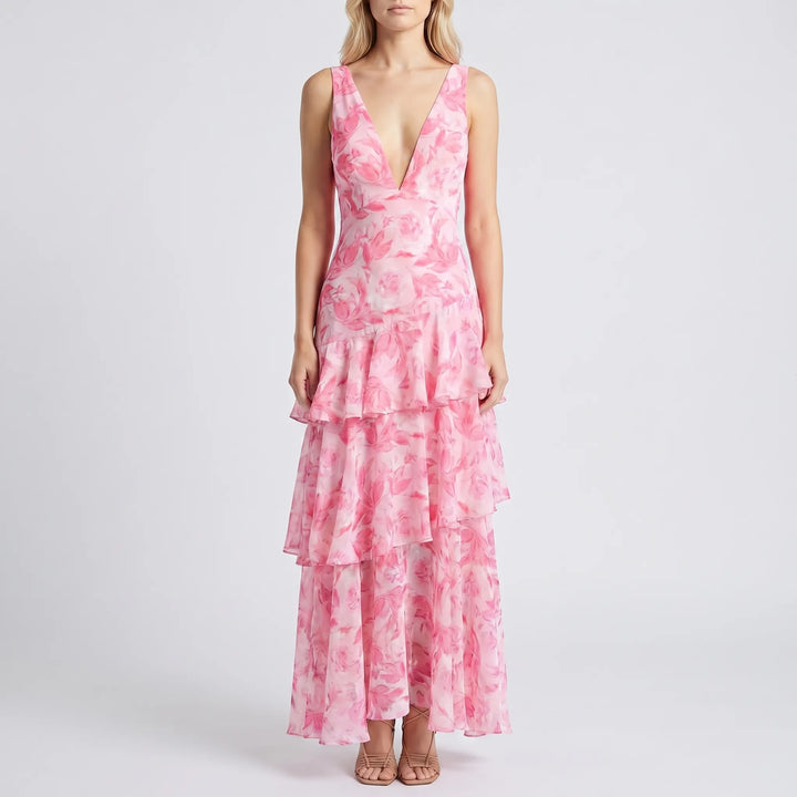 Women's Floral Maxi Dress - Tiered with V Neck for Evening