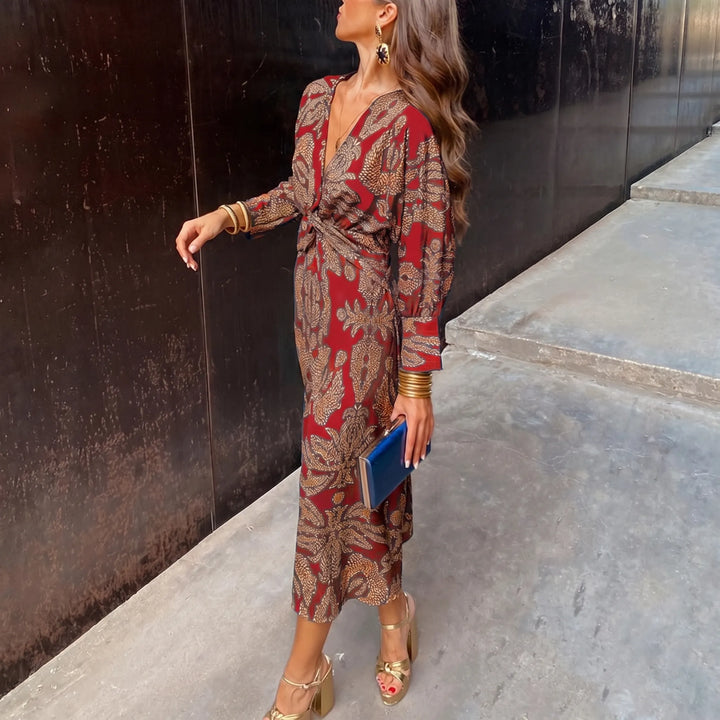 Women's Printed Maxi Dress - V Neck with Twist Waist