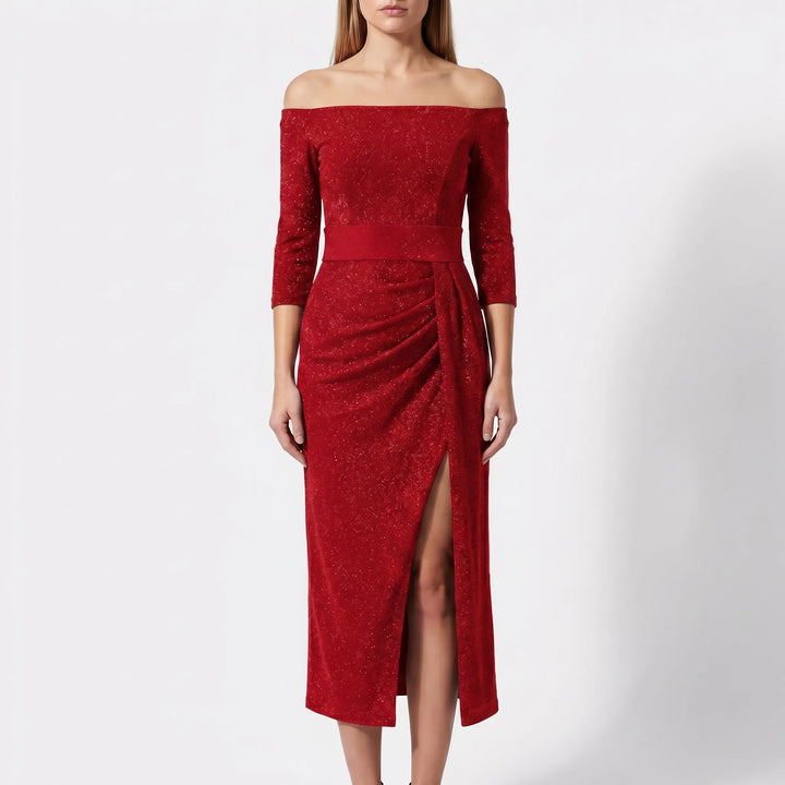 Women's Off Shoulder Midi Dress - Shimmer Bodycon for Evening