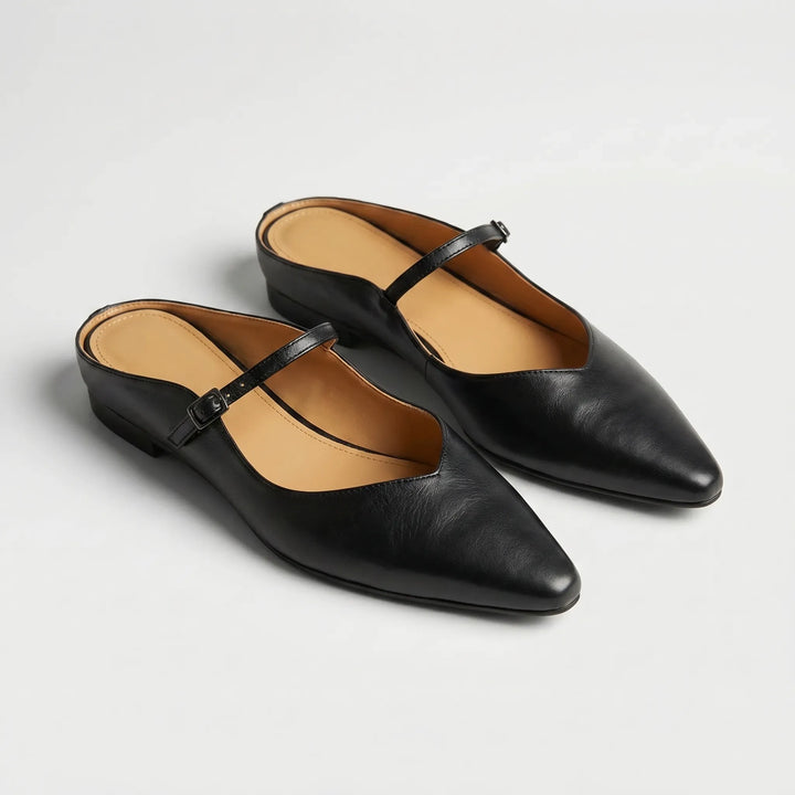 Women's Leather Mules - Pointed Toe with Mary Jane Strap