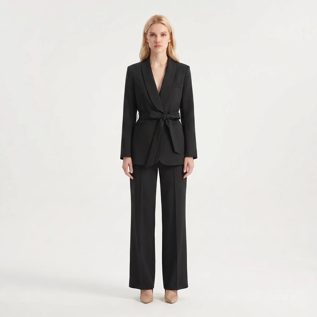 Women's 2 Piece Suit Set - Belted Blazer and Wide Leg Pants