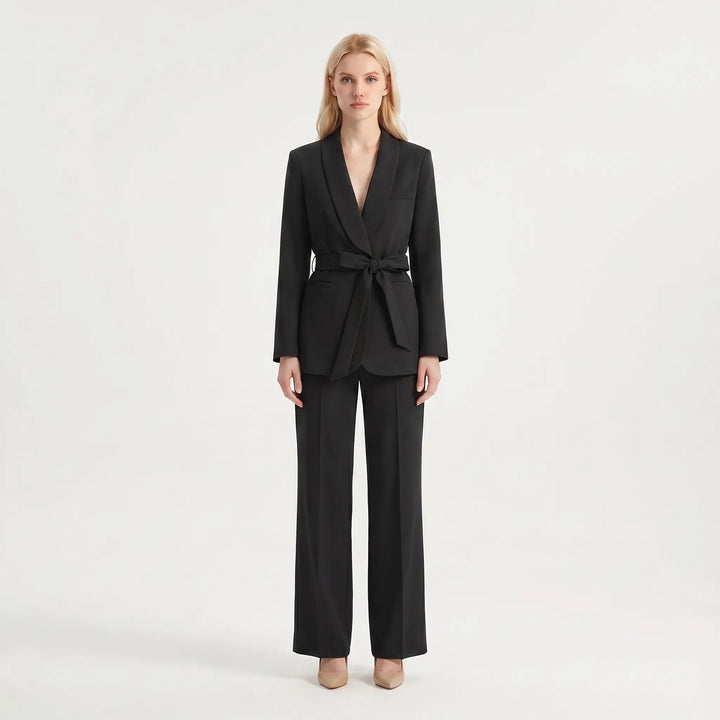 Women's 2 Piece Suit Set - Belted Blazer and Wide Leg Pants