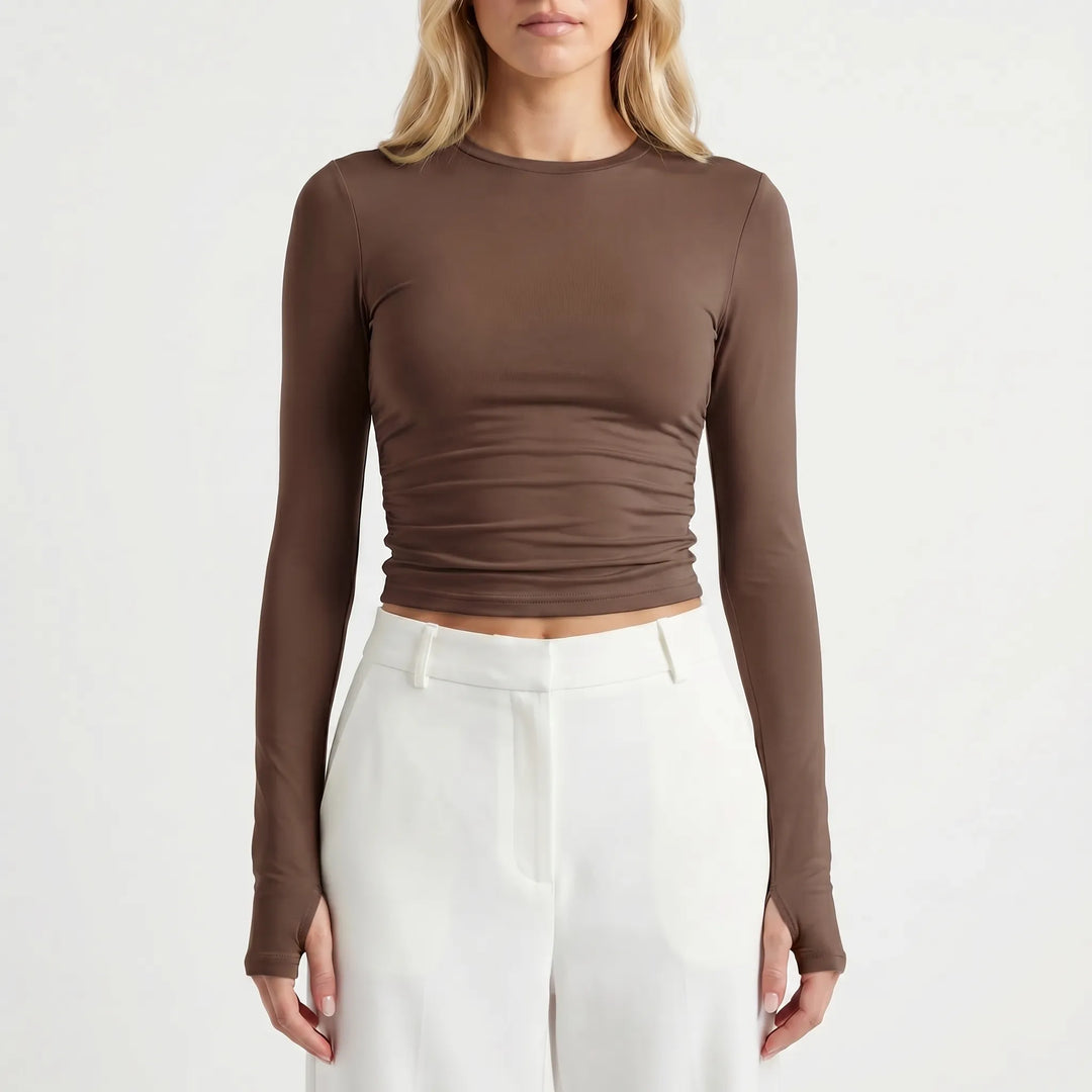 Women's Long Sleeve Crop Top - Ruched Fitted Tee for Summer