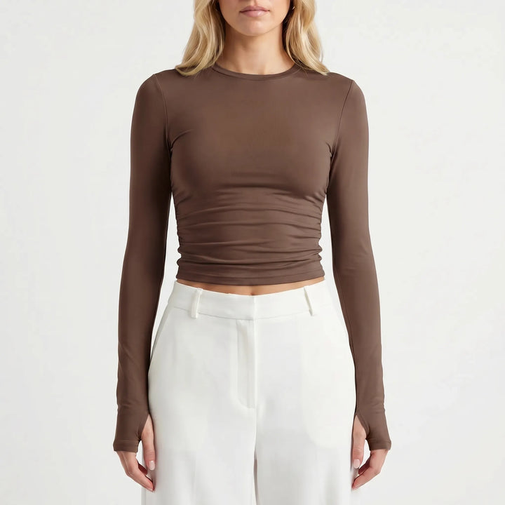 Women's Long Sleeve Crop Top - Ruched Fitted Tee for Summer