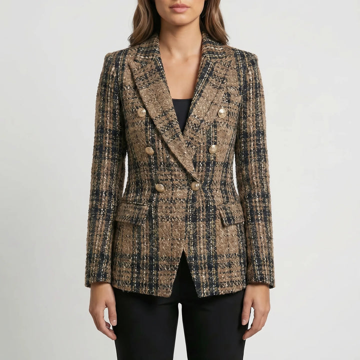 Women's Plaid Blazer Jacket - Double Breasted Tailored Fit