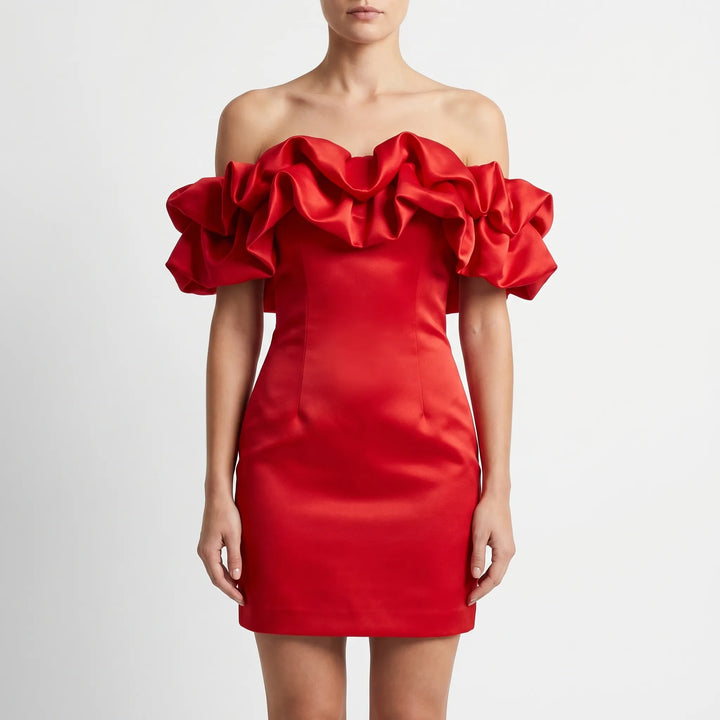 Women's Off Shoulder Mini Dress - Ruffle Detail for Wedding Guest