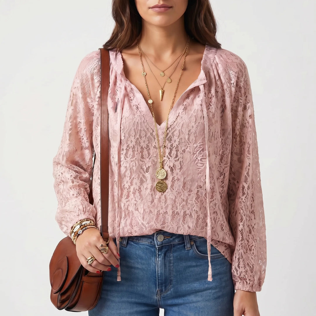 Women's Boho Lace Blouse - Casual Sheer V Neck Long Sleeve Summer Top