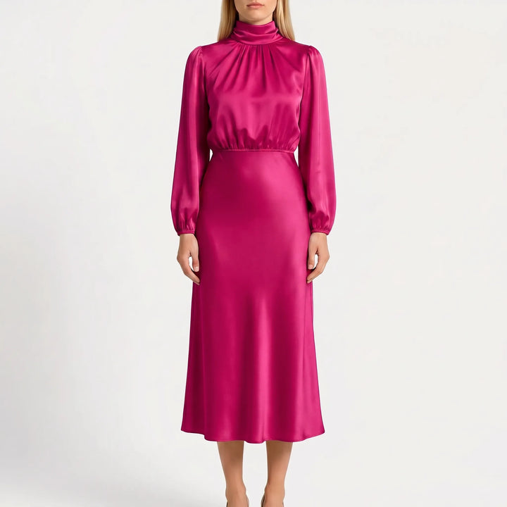 Women's Long Sleeve High Neck Midi Dress - Elegant Evening