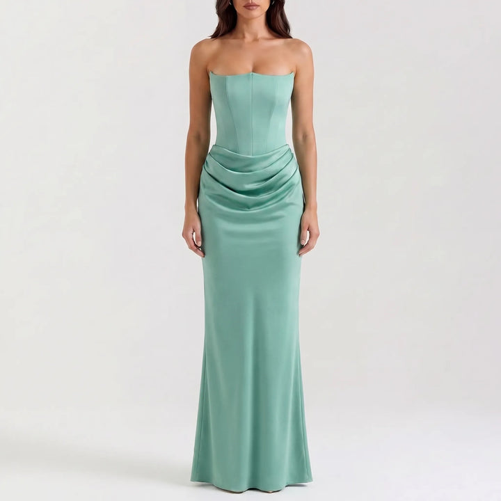 Women's Strapless Maxi Dress - Elegant Draped for Occasions