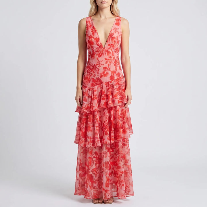 Women's Floral Maxi Dress - Tiered with V Neck for Evening