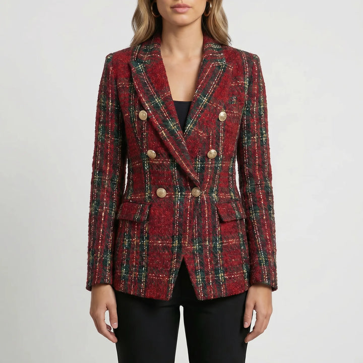 Women's Plaid Blazer Jacket - Double Breasted Tailored Fit