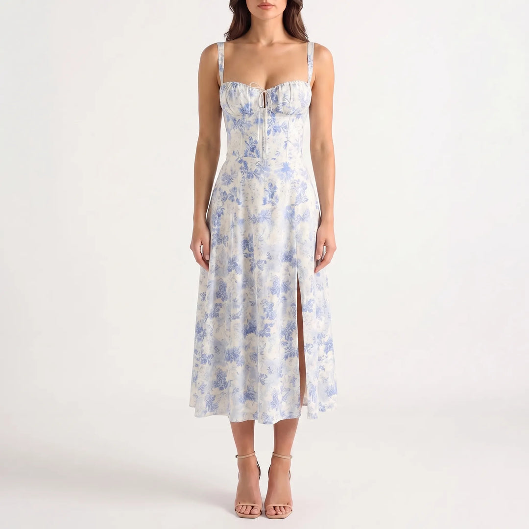 Women's Floral Corset Midi Dress - Summer Sundress with Slit