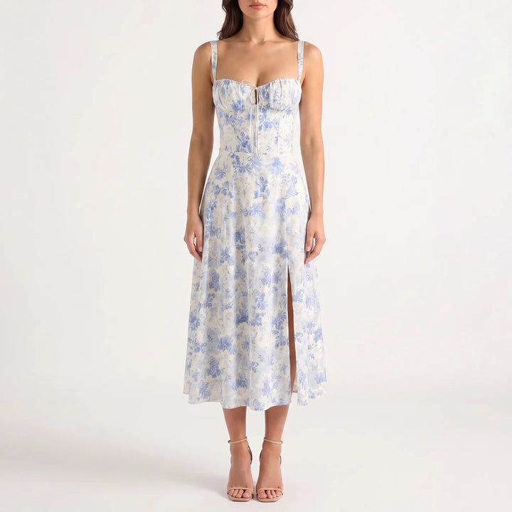 Women's Floral Corset Midi Dress - Summer Sundress with Slit