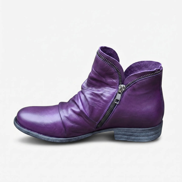 Women's Leather Ankle Boots - Zip Up with Ruched Detail
