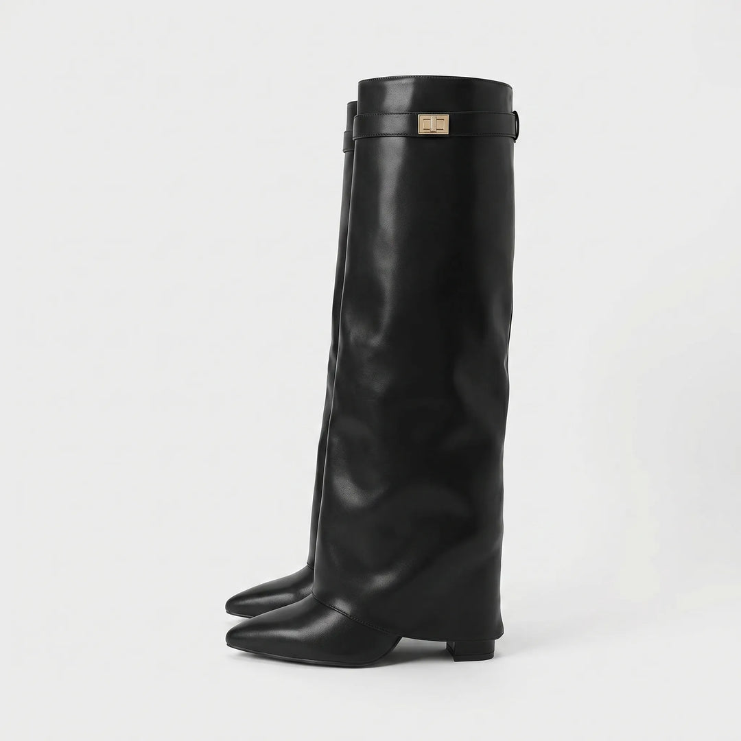 Women's Knee High Boots - Fold Over Cuff with Pointed Toe