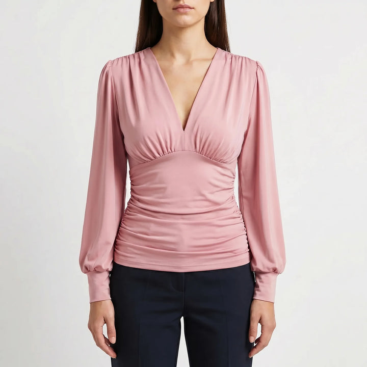 Women's Wrap V Neck Blouse - Dressy Ruched Waist Long Sleeve Top