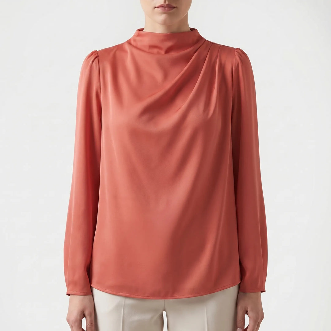 Women's Satin Draped Blouse - Elegant Long Sleeve Work Top