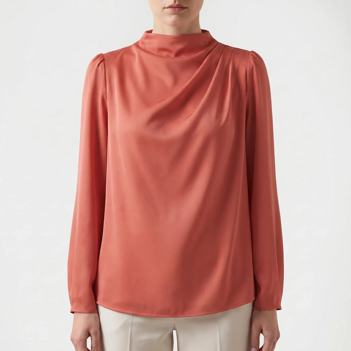 Women's Satin Draped Blouse - Elegant Long Sleeve Work Top
