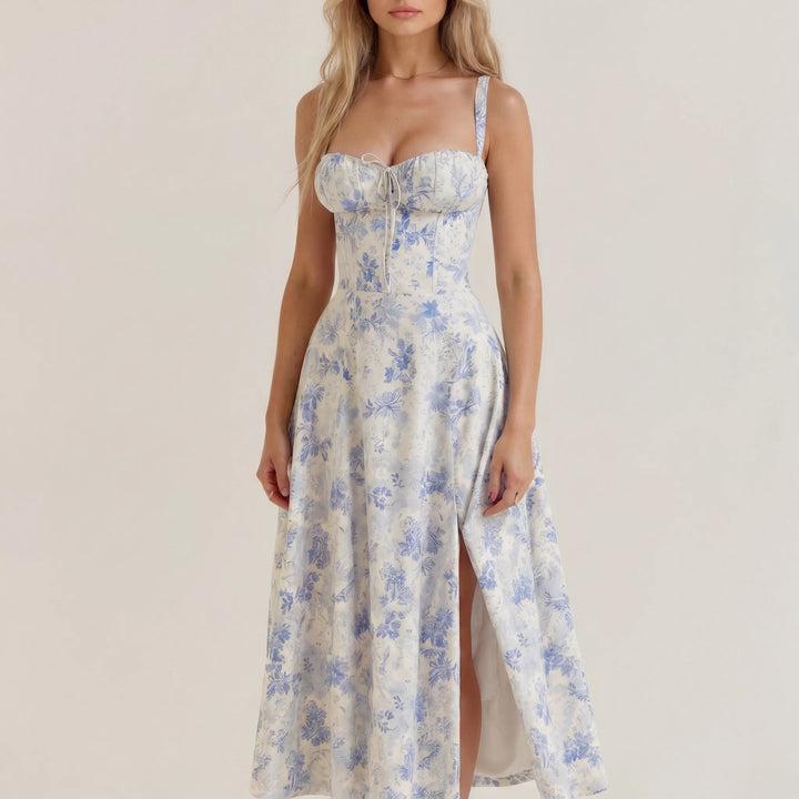 Women's Floral Midi Dress - Corset Bodice with Side Slit