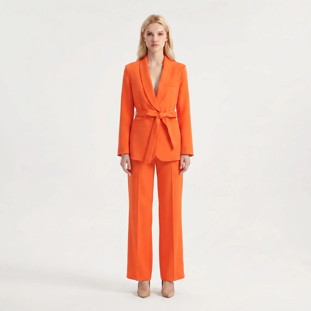 Women's 2 Piece Suit Set - Belted Blazer and Wide Leg Pants