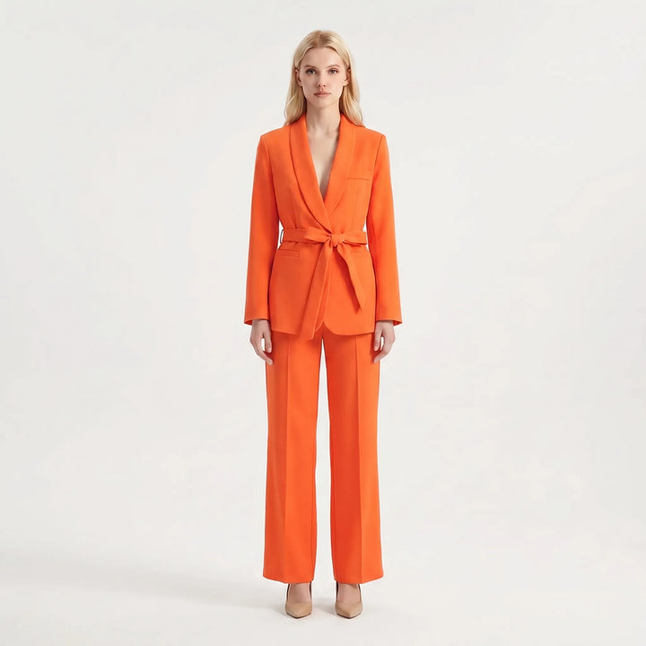 Women's 2 Piece Suit Set - Belted Blazer and Wide Leg Pants
