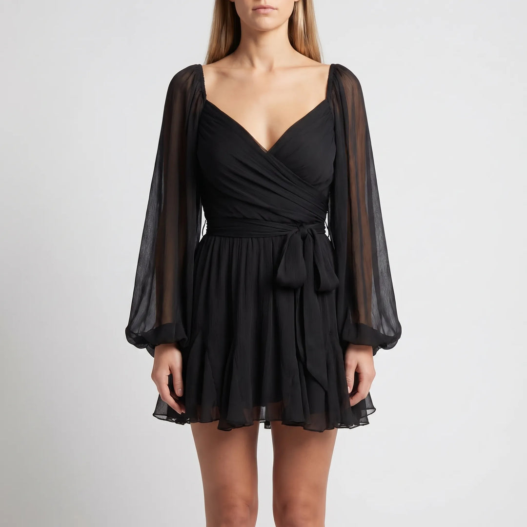 Women's V Neck Mini Dress - Long Sleeve with Ruffle Hem
