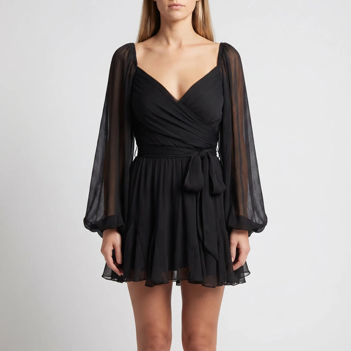 Women's V Neck Mini Dress - Long Sleeve with Ruffle Hem