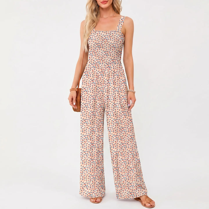 Women's Floral Wide Leg Jumpsuit - Smocked Bodice with Pockets