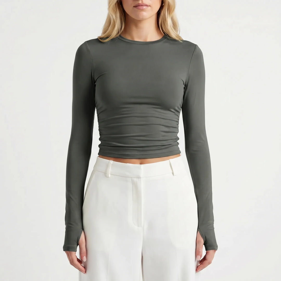 Women's Long Sleeve Crop Top - Ruched Fitted Tee for Summer