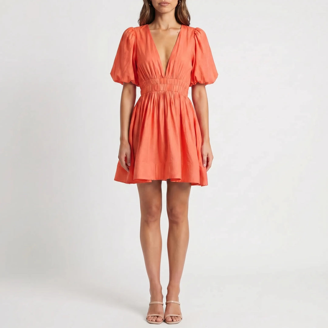 Women's Puff Sleeve Mini Dress - V Neck with Shirred Waist