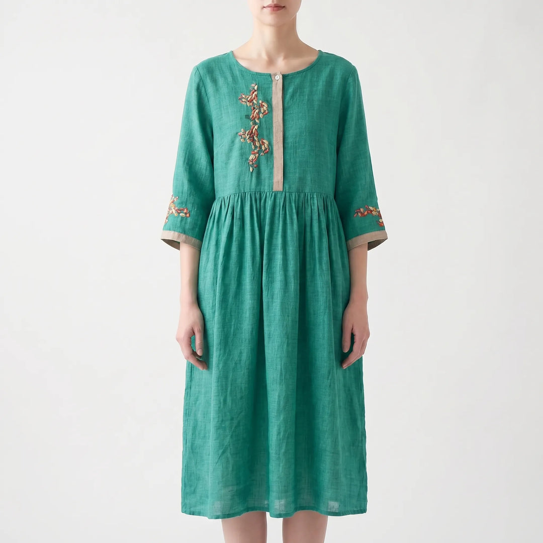 Women's Embroidered Boho Midi Dress - Casual Summer Sundress
