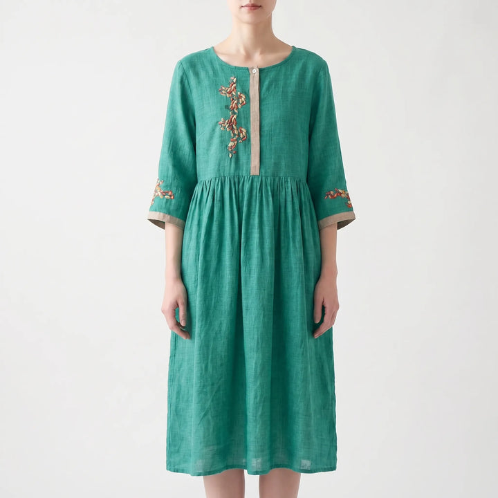Women's Embroidered Boho Midi Dress - Casual Summer Sundress