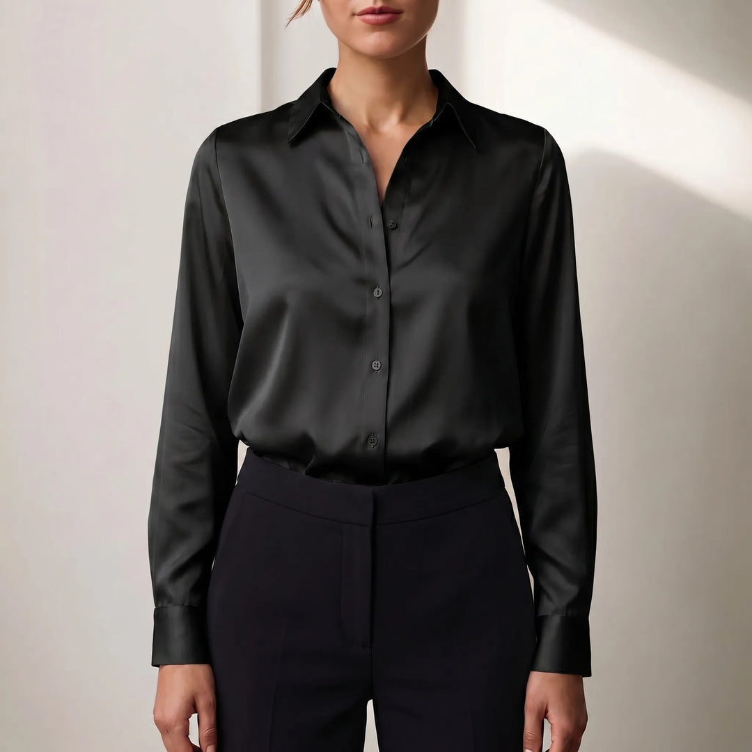 Women's Satin Button Down Blouse - Elegant Long Sleeve Work Shirt