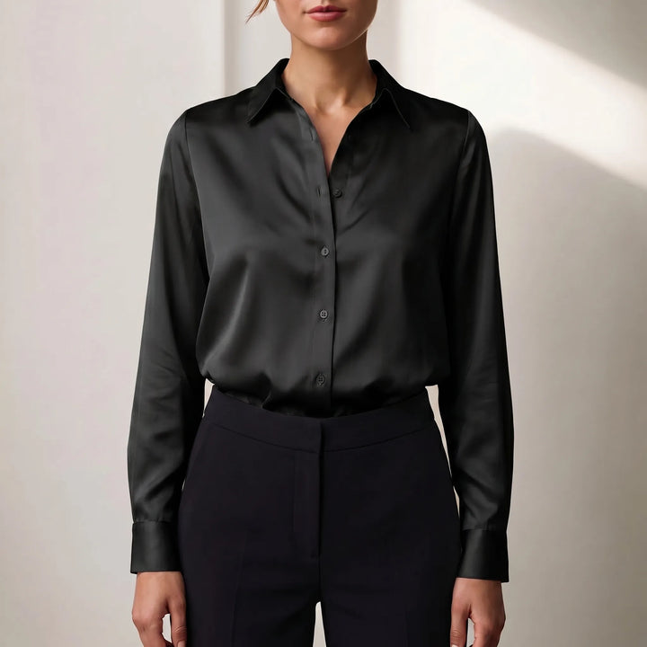 Women's Satin Button Down Blouse - Elegant Long Sleeve Work Shirt