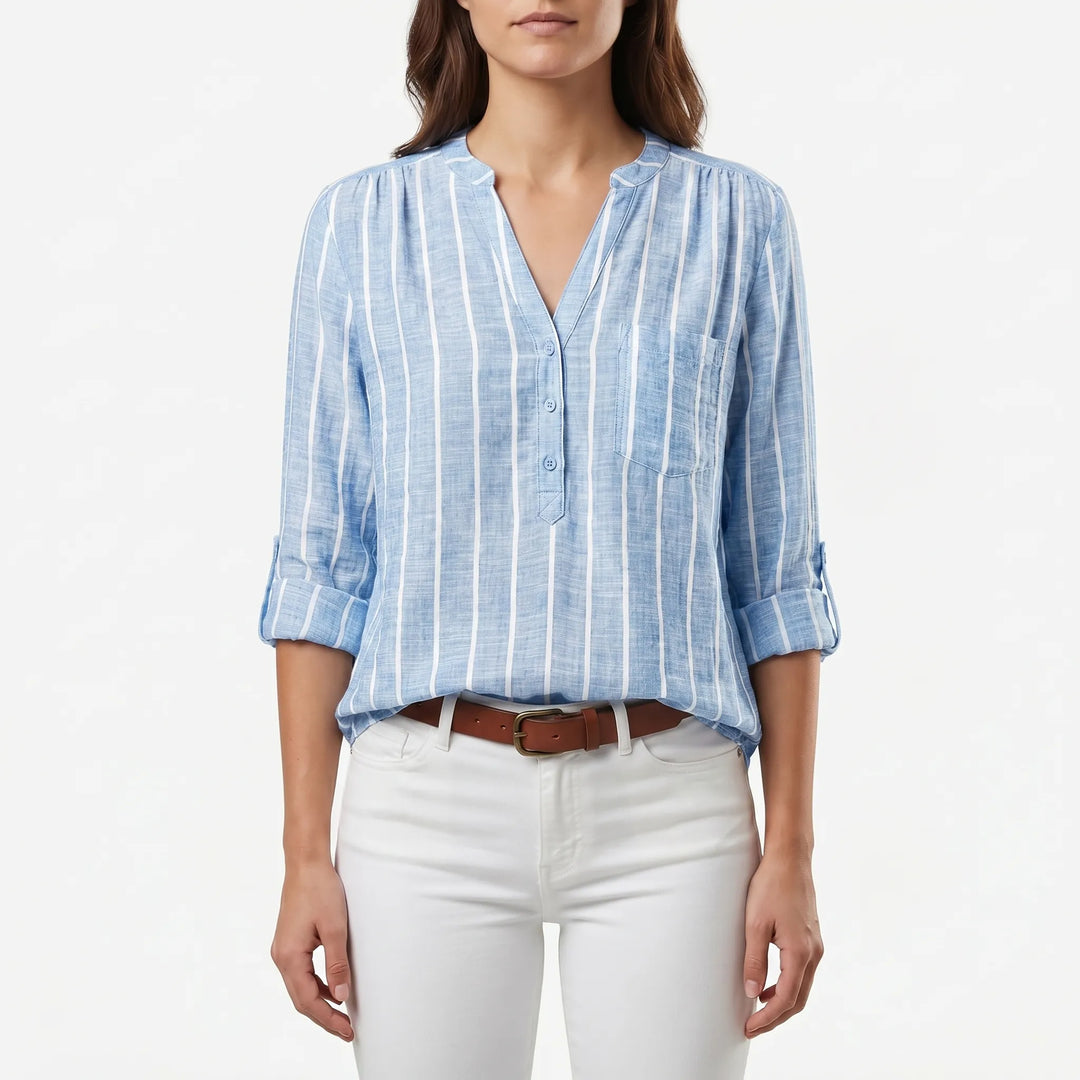 Women's Striped V Neck Blouse - Casual Summer Button Front