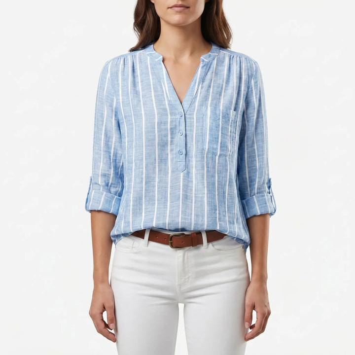 Women's Striped V Neck Blouse - Casual Summer Button Front