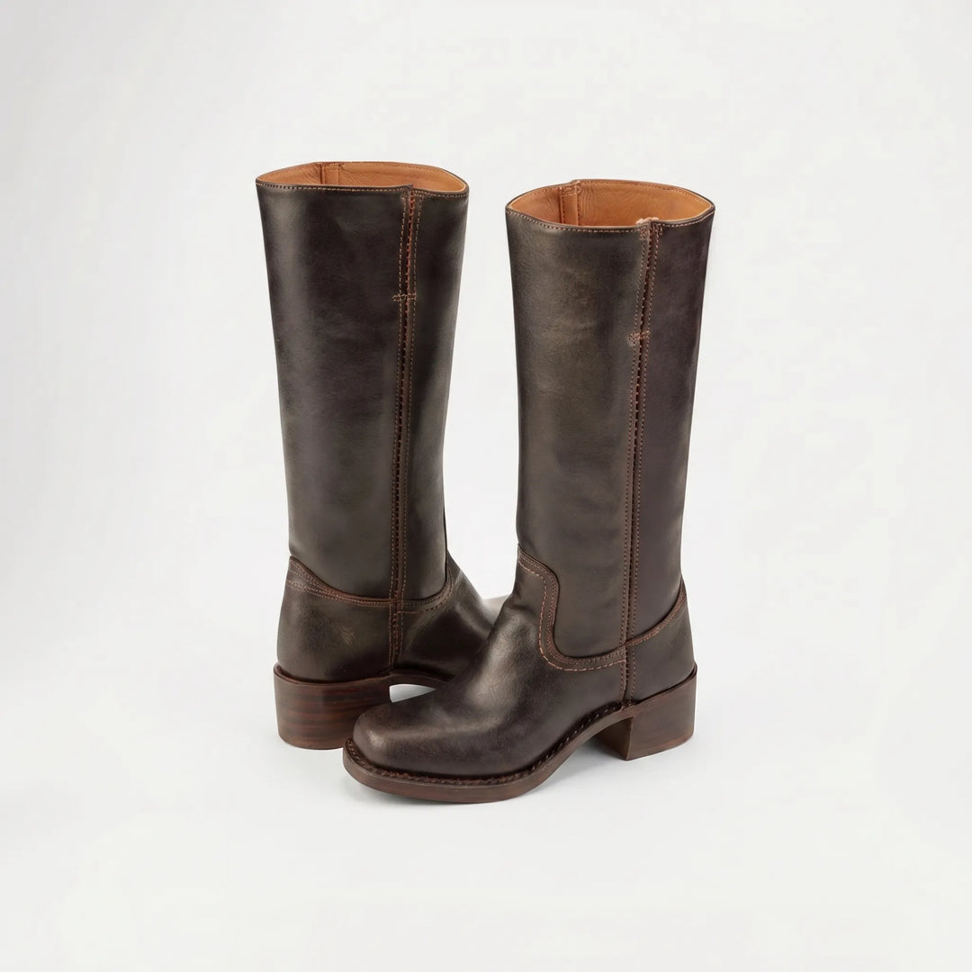 Women's Leather Knee High Boots - Stacked Heel with Square Toe