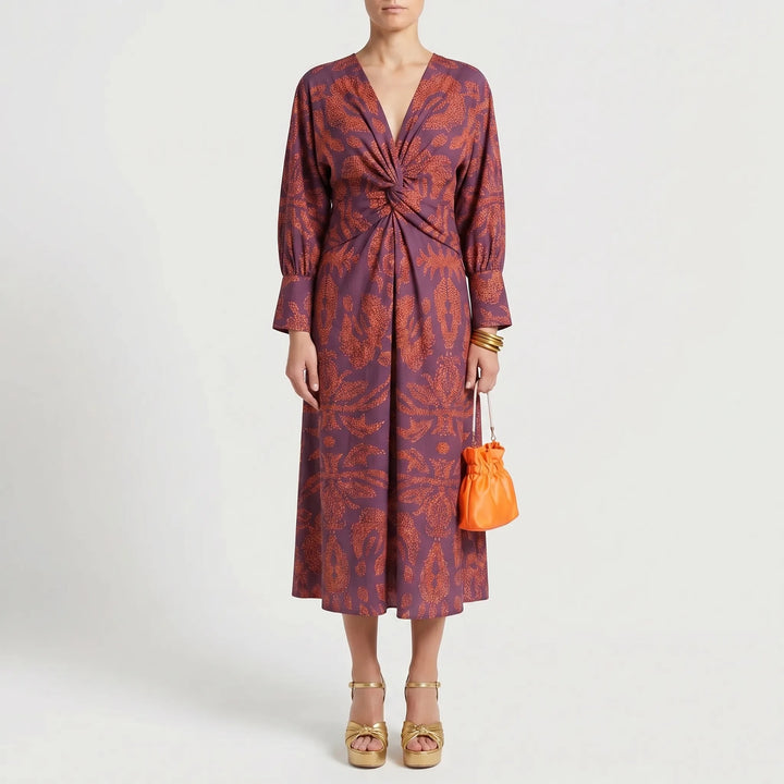 Women's Printed Maxi Dress - V Neck with Twist Waist
