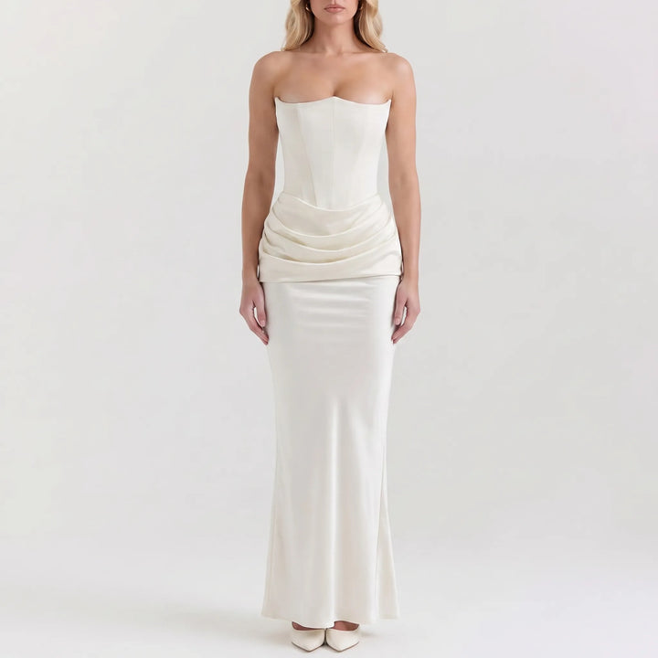 Women's Strapless Maxi Dress - Elegant Draped for Evening