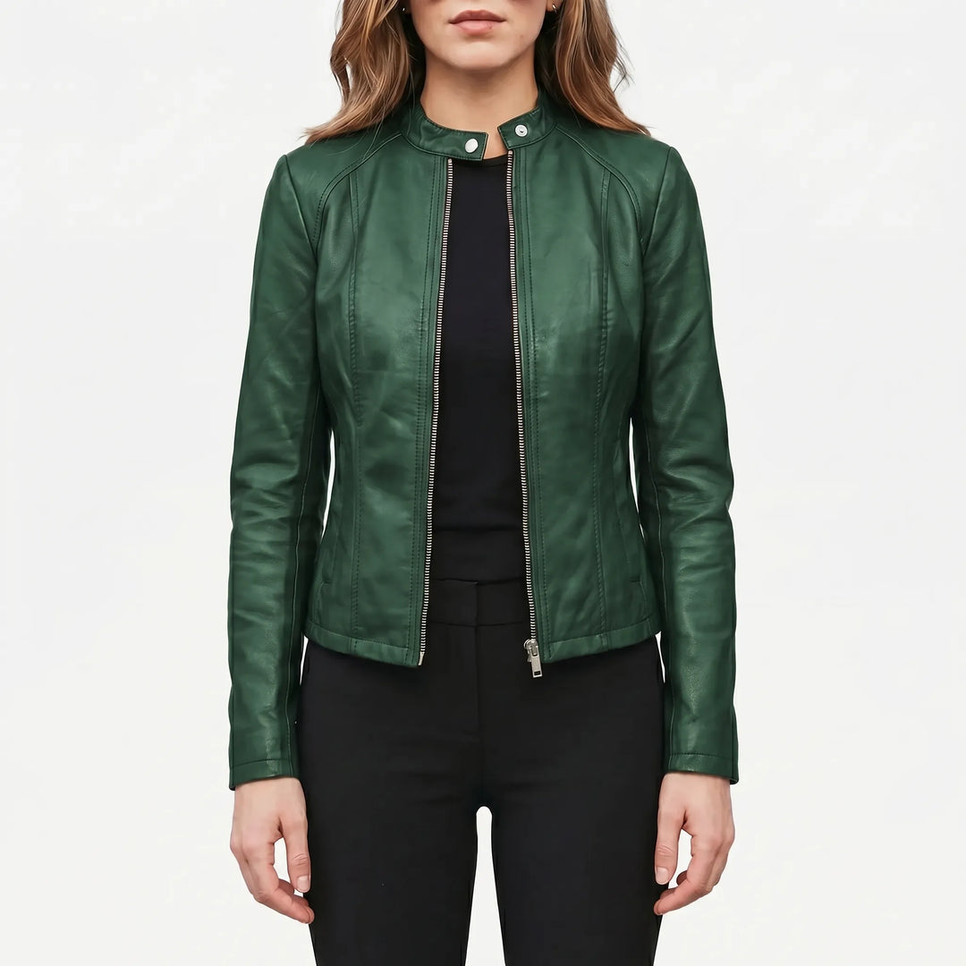 Women's Slim Fit Biker Jacket - Zip Up with Stand Collar
