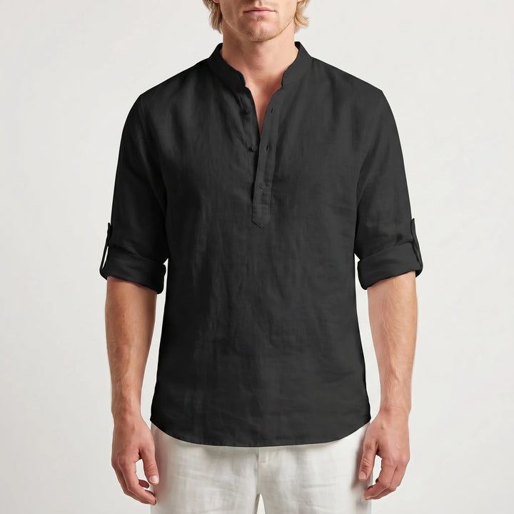Men's Linen Henley Shirt - Casual Summer Beach Long Sleeve