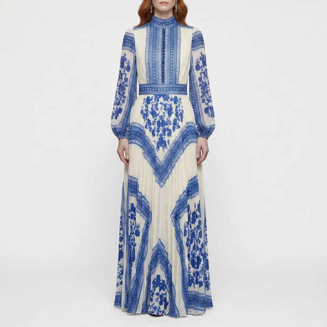 Women's Long Sleeve Pleated Maxi Dress - Formal Evening Gown