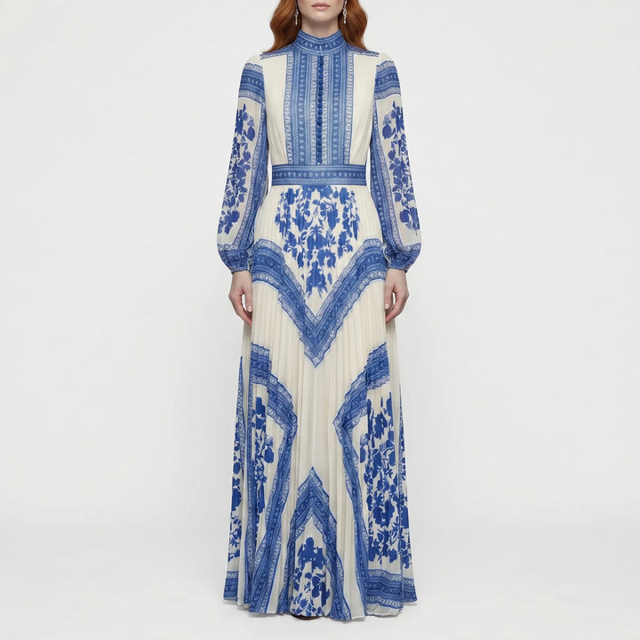 Women's Long Sleeve Pleated Maxi Dress - Formal Evening Gown