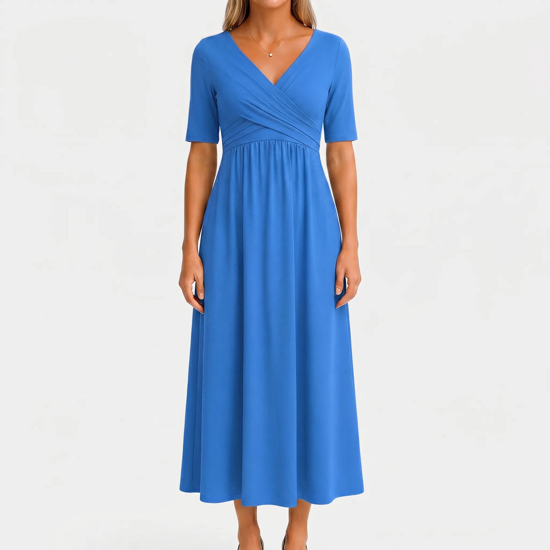 Women's V Neck Midi Dress - Wrap Bodice with Short Sleeve